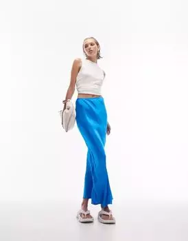 Синяя асимметричная атласная юбка макси Topshop