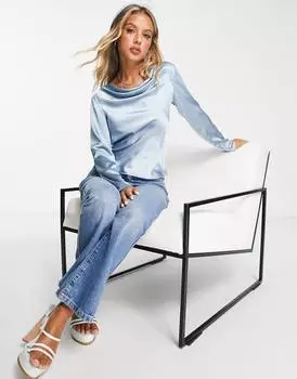 Синяя атласная блуза с хомутом на спине ASOS DESIGN