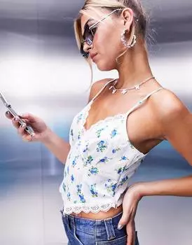Синяя атласная майка с кружевным принтом ASOS DESIGN