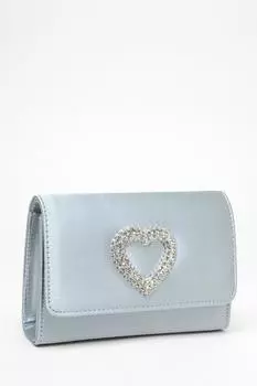 Синяя атласная сумка-клатч с брошью в виде сердца из страз QUIZ Clothing