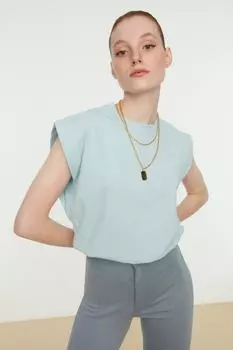 Синяя базовая трикотажная футболка без рукавов из 100 % хлопка Trendyol, синий