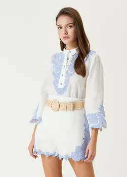 Синяя белая кружевная льняная блузка Zimmermann