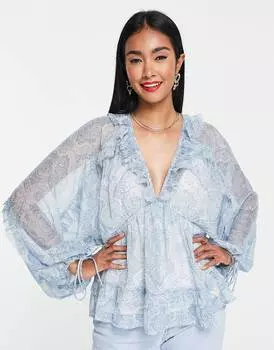 Синяя блуза с необработанным краем и объемными рукавами ASOS DESIGN с принтом пейсли