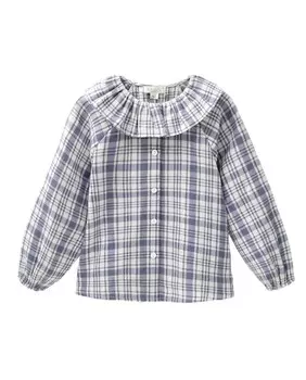 Синяя блузка для девочки в клетку с рюшей на шее. Dadati, синий