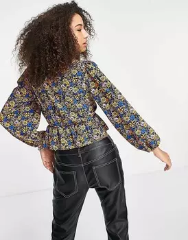 Синяя блузка с приспущенным воротником с цветочным принтом Topshop - MBLUE