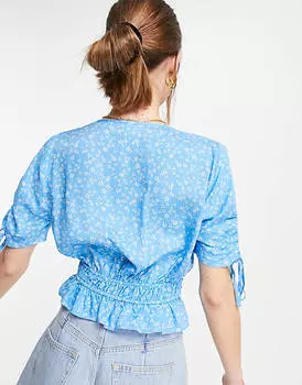 Синяя блузка с v-образным вырезом, сборками на талии и баской по краю ASOS DESIGN