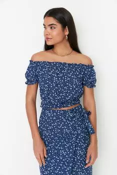 Синяя блузка с воротником «Кармен» Trendyol, синий