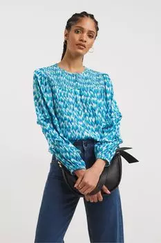 Синяя блузка со присборенной кокеткой и рюшами на рукавах JD Williams, синий