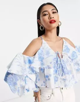 Синяя блузка со сборками и цветочным принтом ASOS с завязкой на спине