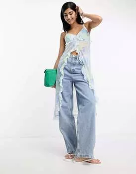 Синяя длинная майка с рюшами и разрезом спереди ASOS