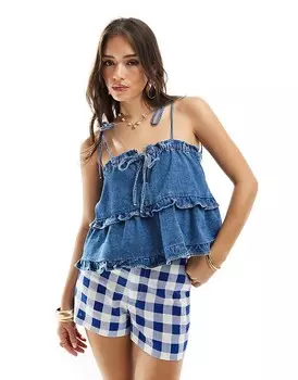 Синяя джинсовая майка средней длины с рюшами ASOS DESIGN