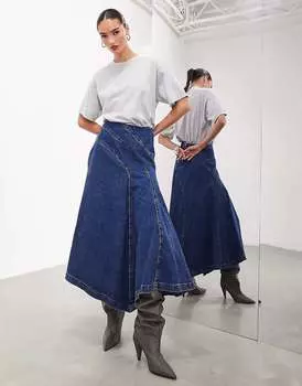Синяя джинсовая юбка макси А-силуэта со швом ASOS