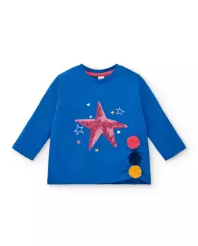 Синяя футболка для девочки с пайетками и помпонами Tuc tuc
