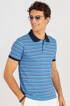 Синяя футболка из пике узкого кроя в полоску с воротником-поло TUDORS