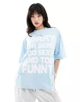 Синяя футболка оверсайз с бантом и графическим принтом «Sorry» ASOS
