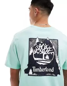 Синяя футболка оверсайз с камуфляжным принтом Timberland и логотипом на спине