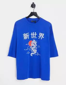 Синяя футболка оверсайз с принтом дракона спереди ASOS DESIGN