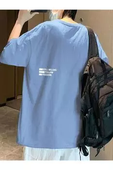 Синяя футболка оверсайз с принтом Still Willing Back MOONBULL, синий