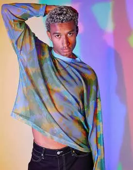 Синяя футболка оверсайз в широкую сетку с принтом ASOS DESIGN