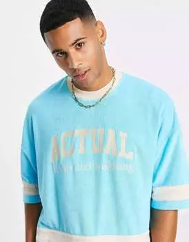 Синяя футболка оверсайз в стиле ASOS Actual с вырезанными деталями и принтом логотипа