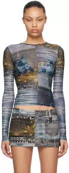 Синяя футболка с длинным рукавом с принтом Miaou