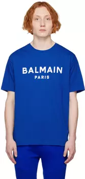Синяя футболка с принтом Balmain