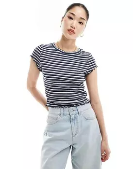 Синяя футболка с рюшами по краям и полосками в тон ASOS Design – Baby Fit