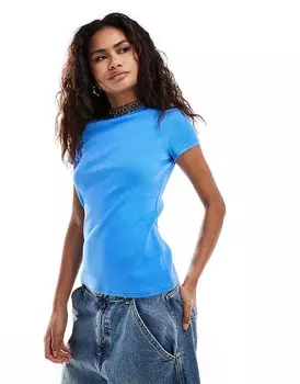 Синяя футболка в рубчик с плотным приталенным принтом Weekday