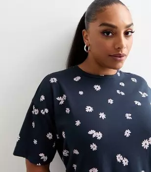 Синяя хлопковая футболка с цветочным принтом Curves свободного кроя New Look, синий
