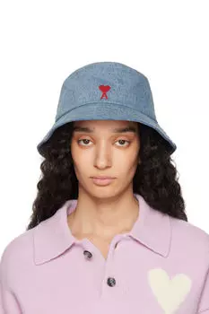 Синяя хлопковая панама с вышивкой Ami de Coeur AMI Paris
