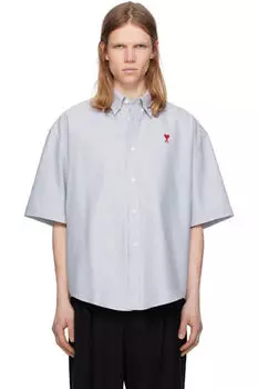 Синяя хлопковая рубашка свободного кроя с короткими рукавами AMI Paris