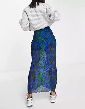 Синяя и зеленая юбка миди из фактурного джерси со сборками Topshop