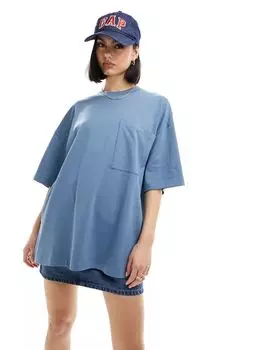 Синяя китайская футболка бойфренда с нагрудным карманом ASOS
