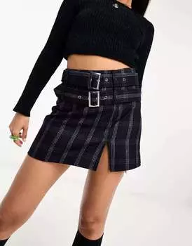 Синяя клетчатая мини-юбка с двойным поясом и вырезом на подоле ASOS