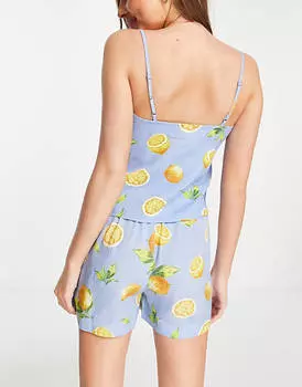 Синяя короткая пижама с фруктами из модала ASOS DESIGN mix & match