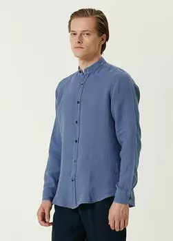 Синяя льняная рубашка с круглым вырезом Boss