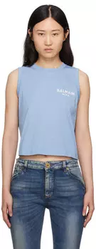 Синяя майка с флоковым принтом Balmain