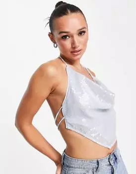 Синяя майка с хомутом и завязкой на спине с пайетками ASOS DESIGN