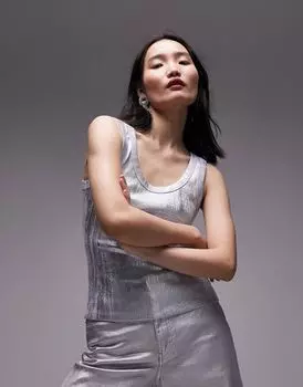 Синяя майка с овальным вырезом и принтом из фольги Topshop