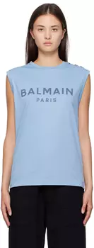 Синяя майка с принтом Balmain