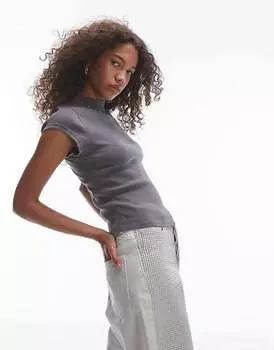 Синяя приталенная футболка Topshop в рубчик с круглым вырезом