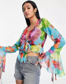 Синяя прозрачная блузка с оборками и завязками спереди ASOS DESIGN