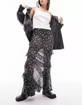 Синяя прозрачная юбка миди с оборками Topshop