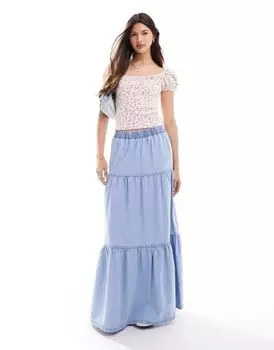 Синяя ярусная юбка макси из шамбре Miss Selfridge