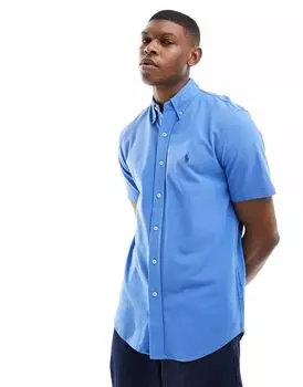 Синяя рубашка из пике с короткими рукавами и логотипом Polo Ralph Lauren, стандартный крой