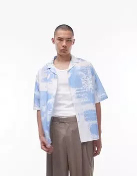 Синяя рубашка из жатого хлопка с короткими рукавами и цветочным принтом Topman Revere