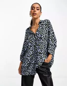 Синяя рубашка оверсайз с длинными рукавами ASOS с леопардовым принтом
