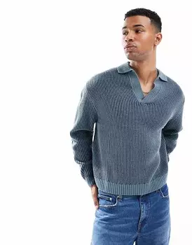 Синяя рубашка-поло в рубчик с овальным вырезом ASOS DESIGN