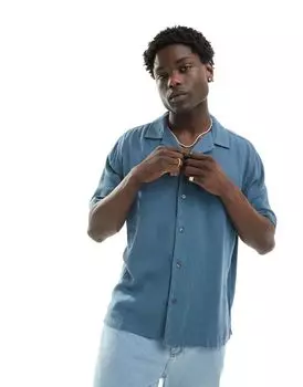 Синяя рубашка с короткими рукавами и кубинским воротником из смесового льна Abercrombie & Fitch