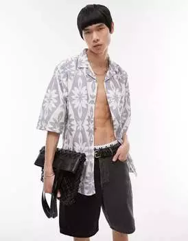 Синяя рубашка с короткими рукавами Topman свободного кроя, воротником с лацканами и цветочным принтом